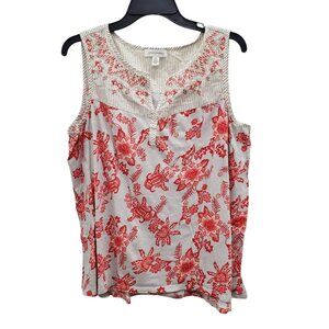 Vintage America Women's Beige Red Mixed Media Print‎ Embroidered Boho Tank Sz XL